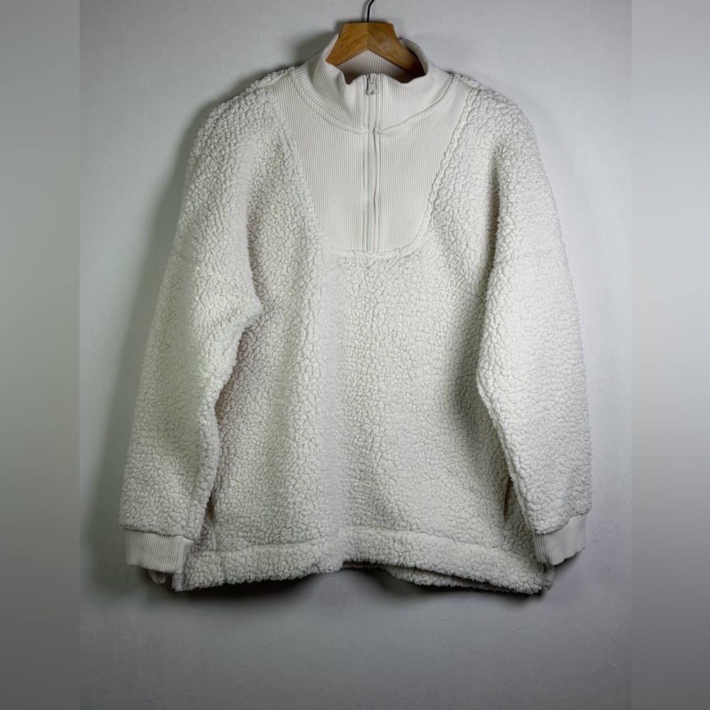 Aerie Women’s Sz M Dream Fleece Sherpa Half Zip Pullover Cream Cozy Minimalist - Picture 2 of 9